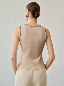 MOTF PREMIUM CAMISETA DE TIRANTES ELEGANTE Y VERSÁTIL DE PUNTO DE CANALÉ BLANCO CON CONTRASTE PARA MUJER - Caqui - Ver 3