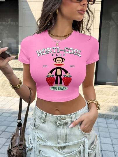 Paul Frank X SHEIN Women's Casual Round Neck Short Sleeve Fitted Cropped T-Shirt,