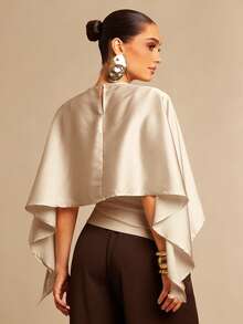 Silquee Áo choàng Poncho thời trang thanh lịch, màu trơn, xếp ly dành cho nữ - Màu be - Xem 2
