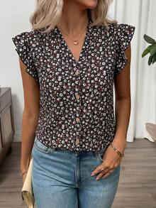 SHEIN Clasi Áo sơ mi nữ họa tiết hoa nhí xếp nếp viền ren, cài một hàng cúc. - màu đen - Xem 6