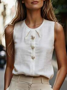 EMERY ROSE Women's Summer Versatile White Crew Neck Casual Tank Top, Sleeveless White Blouse For Ladies - White - View 1