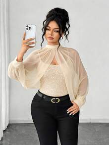 Elenzga Áo hai dây nữ thời trang đính sequin, thiết kế cổ đứng, phối cùng khăn choàng lưới và dây đeo mỏng, áo thun sequin thanh lịch, thích hợp cho các buổi tiệc mùa xuân/thu/đông, hẹn hò, Giáng sinh, Halloween, Ngày lễ tình nhân, Năm mới và các dịp khác. - Màu be - Xem 4