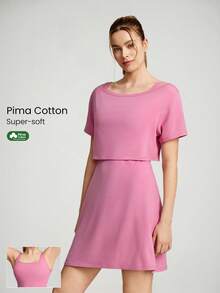 GLOWMODE 2 Pieces Pima Cotton  Active Midi Dress Set Daily Casual - Pink - View 1