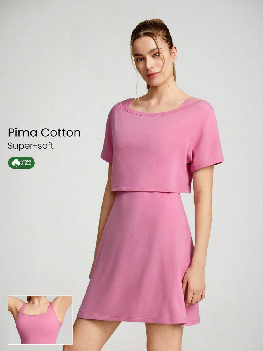 GLOWMODE 2 Pieces Pima Cotton Active Midi Dress Set Daily Casual - Pink - View 1
