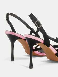 Elegant Rhinestone Embellished Square Toe Satin High Heel Sandals, Sexy Slingback Ankle Strap Dress Shoes For Women,Spring Summer Outfits - Black - View 8