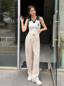 DAZY Women's Solid Color Pleated Straight Leg Casual Loose Pants Petite - Beige - View 3