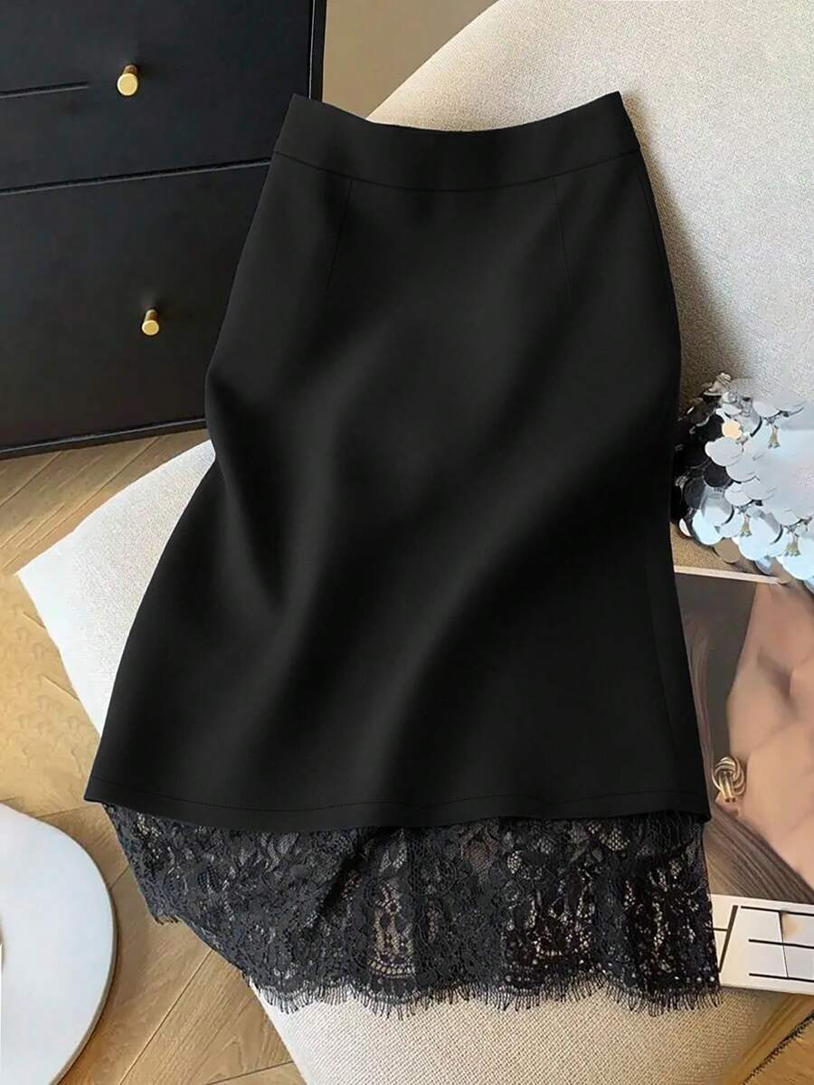GlowEve CURVE Plus Size Women Elegant Solid Color Contrast Lace Slit Hem Skirt - Black - View 1