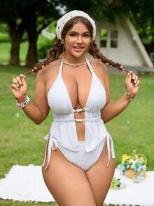 Swim Mod Bộ bikini 2 mảnh cỡ lớn, buộc dây bên hông, màu pastel trơn, thích hợp cho kỳ nghỉ hè ở bãi biển, đồ bơi Zestiva tươi mát, đồ bơi cỡ lớn cho nữ, bộ bikini tốt nghiệp cho nữ kèm áo khoác ngoài, đồ bơi một mảnh cho nữ kèm áo khoác ngoài, đồ bơi gân, đồ bơi một mảnh màu trắng, đồ bơi cổ yếm, đồ bơi khoét sâu, đồ bơi cắt xẻ cho kỳ nghỉ - trắng - Xem 5