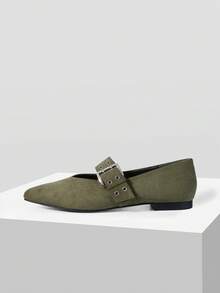 Mnmlis Women's Pointed Corns Buckle Design Fashionable Daily Travel Casual Shoes - Army Green - View 2