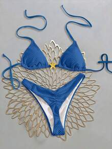 Swim Vcay Bộ bikini tam giác phong cách Boho 2 mảnh của Swim Vacay, màu trắng kem trơn, chất liệu vải dệt họa tiết, dây đeo có thể điều chỉnh, quần cạp cao xếp ly, chất liệu jacquard đặc biệt và họa tiết sao biển kim loại trang trí, đồ bơi sang trọng, thời trang và gợi cảm cho kỳ nghỉ hè, trang phục dành cho nữ. - Màu xanh lam - Xem 3