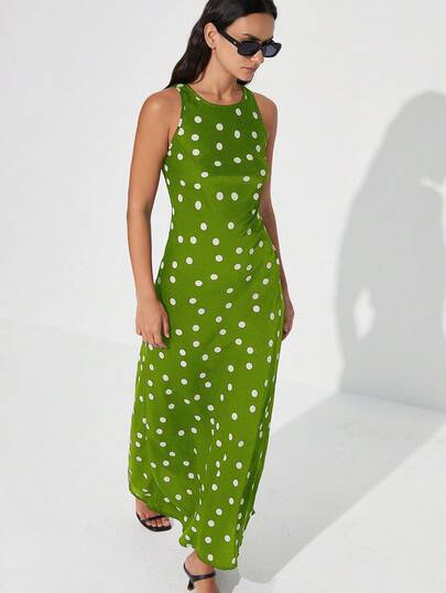 Aveloria Modichic 简约优雅不对称撞色波点随机印花缎面醋酸纤维面料A字无袖圆领精致百搭通勤复古时尚女式长裙