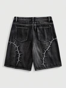 ROMWE MEN Street Life Men's Summer Casual Fashion Street Embroidered Washed Denim Shorts, Suitable For Daily Commute - Black - View 10