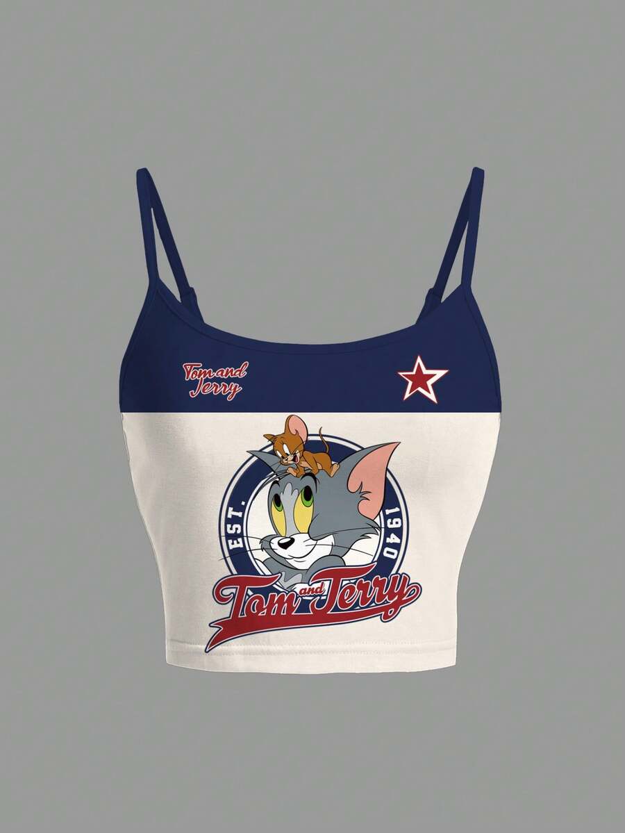 TOM & JERRY X SHEIN 女士休闲时尚街头卡通字母印花撞色修身短款吊带背心，适合夏季日常通勤 - 白色 - 查看 1