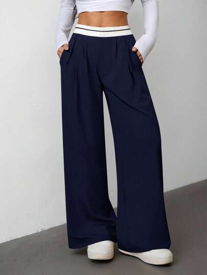 SHEIN PETITE Women's Waistband Stitching Khaki Casual Elegant Women's Suit Pants