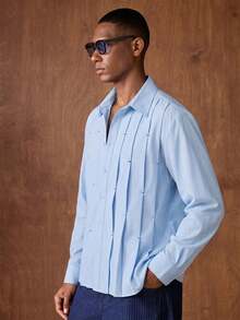 AKNOTIC Men's Casual Single-Breasted Pleated Long Sleeve Shirt, Suitable For Commuting - Blue - View 3