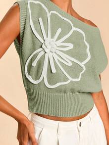 Travachic Women 3D Floral Decor Asymmetric Collar Knit Top - Mint Green - View 7
