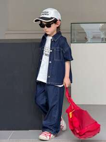 Dazy Kids Fashionable Young BoySummer Short Sleeve Outfit, Children Stylish Denim 2 Pieces Set (Small) - Navy Blue - View 1