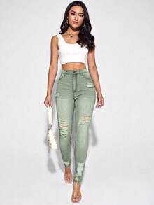 SHEIN Essnce Casual Distressed Denim Jeans, Simple & Fashionable For Everyday Wear - Green - View 5