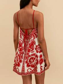 Travachic Woven Printed Halter Neck Mini Dress For Women - Red and White - View 2