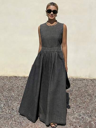 DAZY Black Sleeveless Loose Flared Midi Denim Dress For Women, Spring & Summer