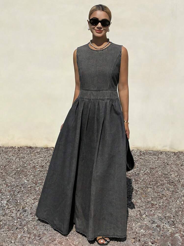 Black Sleeveless Loose Flared Midi Denim Dress For Women, Spring & Summer