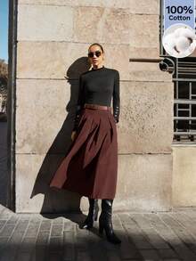 Maija Falda acampanada grande de color rojo madera naranja rojo con intrincado trabajo de plisado, bolsillos laterales, cinturón de piel sintética y metal desmontable, vestido de verano versátil Y2K para oficina, eventos sociales y ocasiones formales - Color caoba - Ver 10