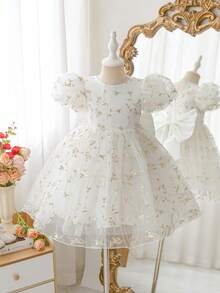 Glamorique Kids 女童花卉刺绣公主裙，柔软薄纱蓬蓬裙，适合花童、生日派对、婚礼、节日、春夏穿着 - 白色 - 查看 5
