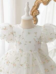 Glamorique Kids 女童花卉刺绣公主裙，柔软薄纱蓬蓬裙，适合花童、生日派对、婚礼、节日、春夏穿着 - 白色 - 查看 6