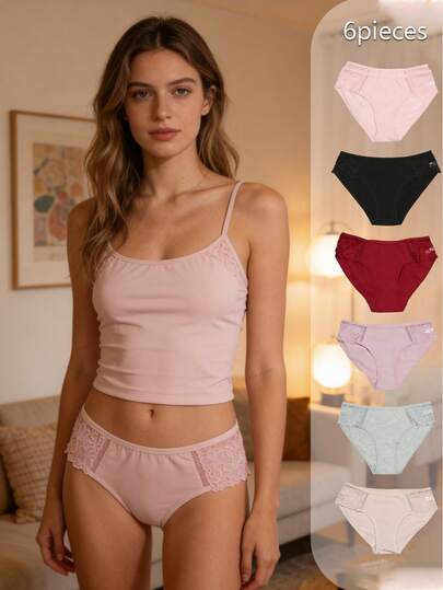 6 bragas femeninas 6 colores: tacto suave, alta elasticidad, cintura con inserto de encaje elegante.