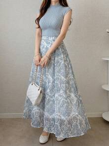 DAZY 女士优雅纯色翻领上衣和A字印花半裙两件套，夏季婚礼宾客礼服 - 藍色 - 查看 5