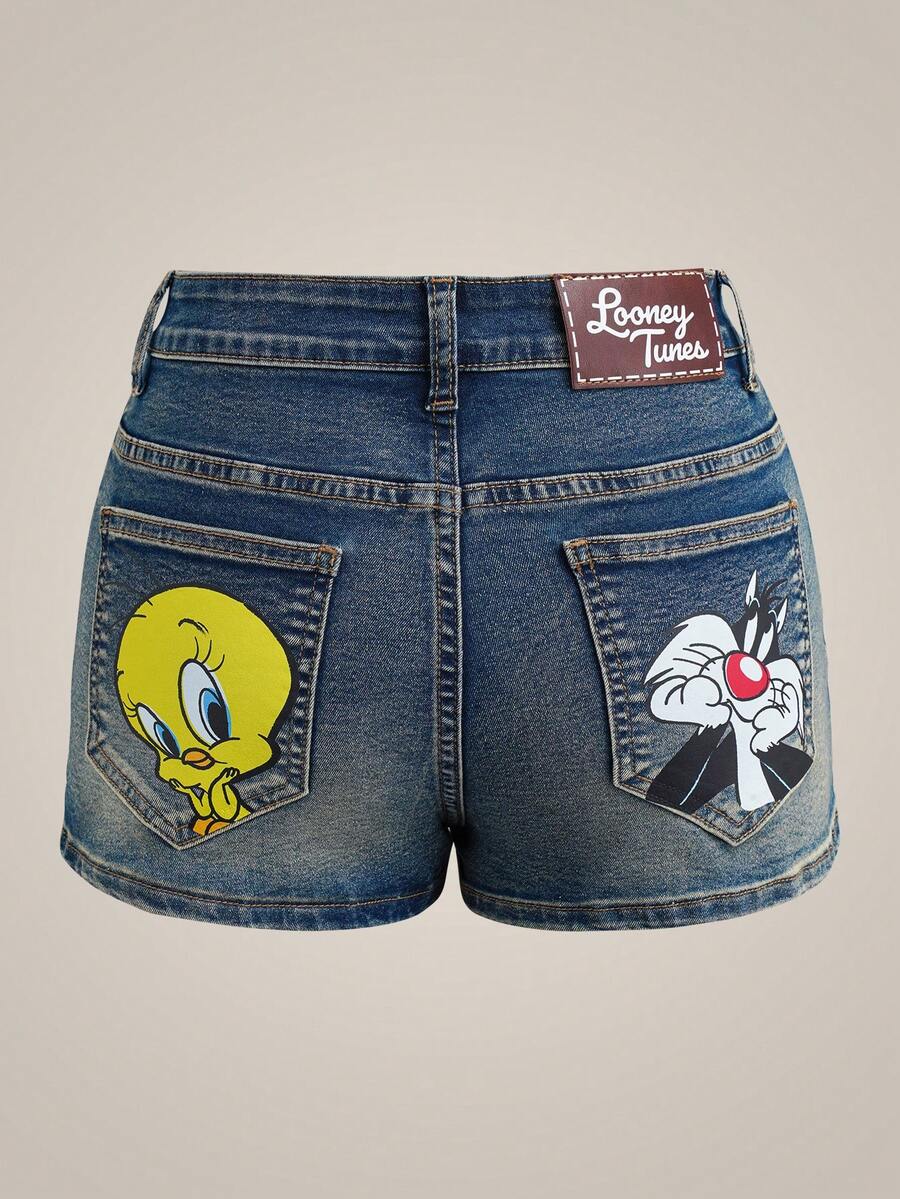 LOONEY TUNES X SHEIN Quần short denim nữ casual in hình hoạt hình ngộ nghĩnh, thích hợp mặc hàng ngày đi làm, mùa hè. - Màu xanh lam - Xem 1