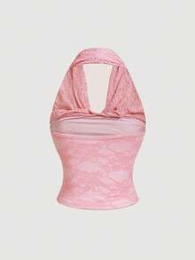 SHEIN MOD 女士蕾丝拼接荷叶边休闲百搭日常上衣 - 粉色 - 查看 10