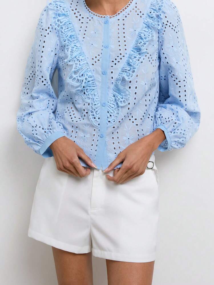 SHEIN Maija Blue Embroidered Women's Blouse, Long Sleeve Round Neck With Ruffle Trim, Short Casual Holiday Style