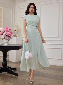 Modelyn Đầm dạ hội cao cấp màu xanh bạc hà xếp ly, trang trí hoa 3D, thanh lịch dành cho nữ. - màu xanh lá - Xem 7