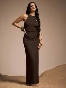 Hauture Women's Sexy High Neck Backless Maxi Dress With Bamboo Ring And Wooden Bead Decor - Brown - View 5