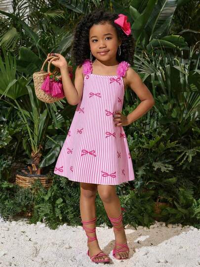 Young Girl' Sleeveless Dress With Bowknot, Lace Trim, Digital Print Fabric, Cute Summer New Arrival, Suitable For School, Holiday Young Girls Dresses Kids Summer Dresses Pink Kids Dress