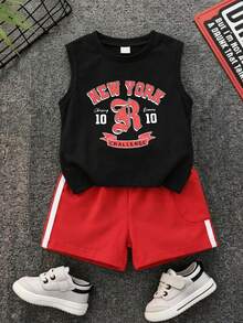 2pcs Baby Boy Black And Red Summer Casual Beach Sports Contrast Color Letter & Graphic Knit Soft Round Neck Pullover Top And Elastic Waist Shorts Set - Multicolor - View 2