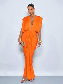 女士优雅柔粉色深V领褶皱修身连衣裙，优雅派对晚宴长裙，宴会完美之选 - 橘色 - 查看 3