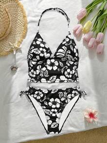 SHEIN 少女碎花吊带泳衣套装，夏季海滩度假 - 黑與白 - 查看 5