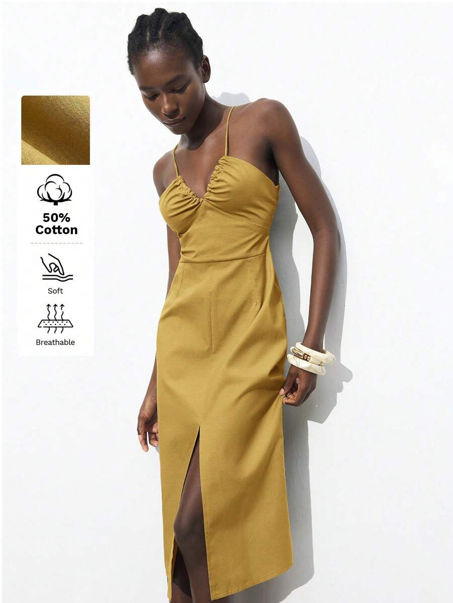 Maija New Spring/Summer Mustard Yellow Adjustable Spaghetti Strap Cinched Waist Ruched Front Slit Linen Feel Dress, Flattering Silhouette, Suitable For Vacation, Carnival, Elegant Party, Valentine's Day - Yellow - View 1