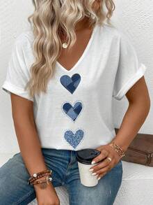 EMERY ROSE Plus Size Women Heart Print V-Neck Short Sleeve Casual T-Shirt - White - View 8