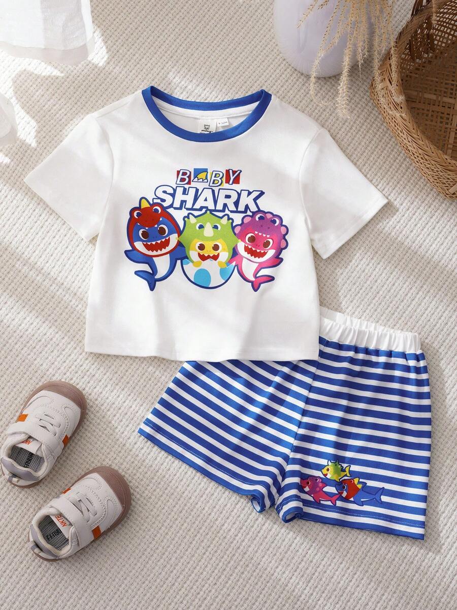 BABY SHARK X SHEIN Baby Boy Letter & Cartoon Print Round Neck Short Sleeve T-Shirt And Striped Print Shorts Set - Blue and White - View 1