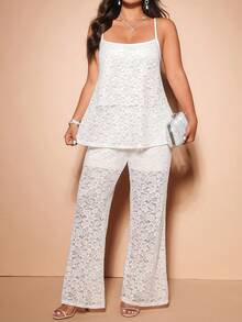 Cravure Plus Size Lace Patchwork Solid Color Camisole And Pants 2 Pieces Set - White - View 3