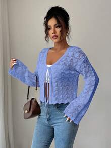 Elenzga Áo khoác cardigan nữ thanh lịch thắt nơ phía trước khoét rỗng - Màu xanh lam - Xem 5