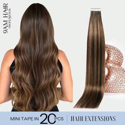 迷你胶带式接发，100%真人发，T2-P2/6#，深棕色与栗棕色渐变，直发造型，长度14-22英寸，隐形无缝，顶级品质，发尾浓密，健康真人发，适合细软发质，沙龙级专业使用，也适合所有女性/女孩日常佩戴。