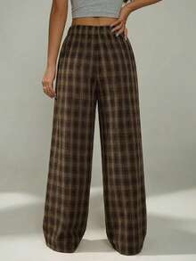 SHEIN PETITE 女士棕色宽松格子简约休闲裤 - 彩色 - 查看 3