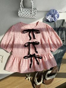 Comfortcana Plus Size Pink Round Neck Petal Sleeve Polka Dot Bow Decor Blouse - Pink - View 3
