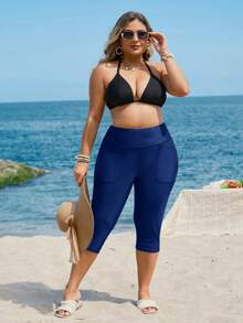 Swim Lushoire Costumi da bagno minimalisti di colore unito per taglie forti, completi capri per taglie forti con tasche, pantaloni capri con tasche per donne, pantaloni 3/4 con tasche per donne - Blu reale - Visualizzare 3