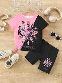Light Pink,Summer Young Girls' Casual Fashionable Virtual Cartoon Girl Character Graphic Slogan Print Short T-Shirt And Bike Shorts Set,Comfortable - Multicolor - View 4