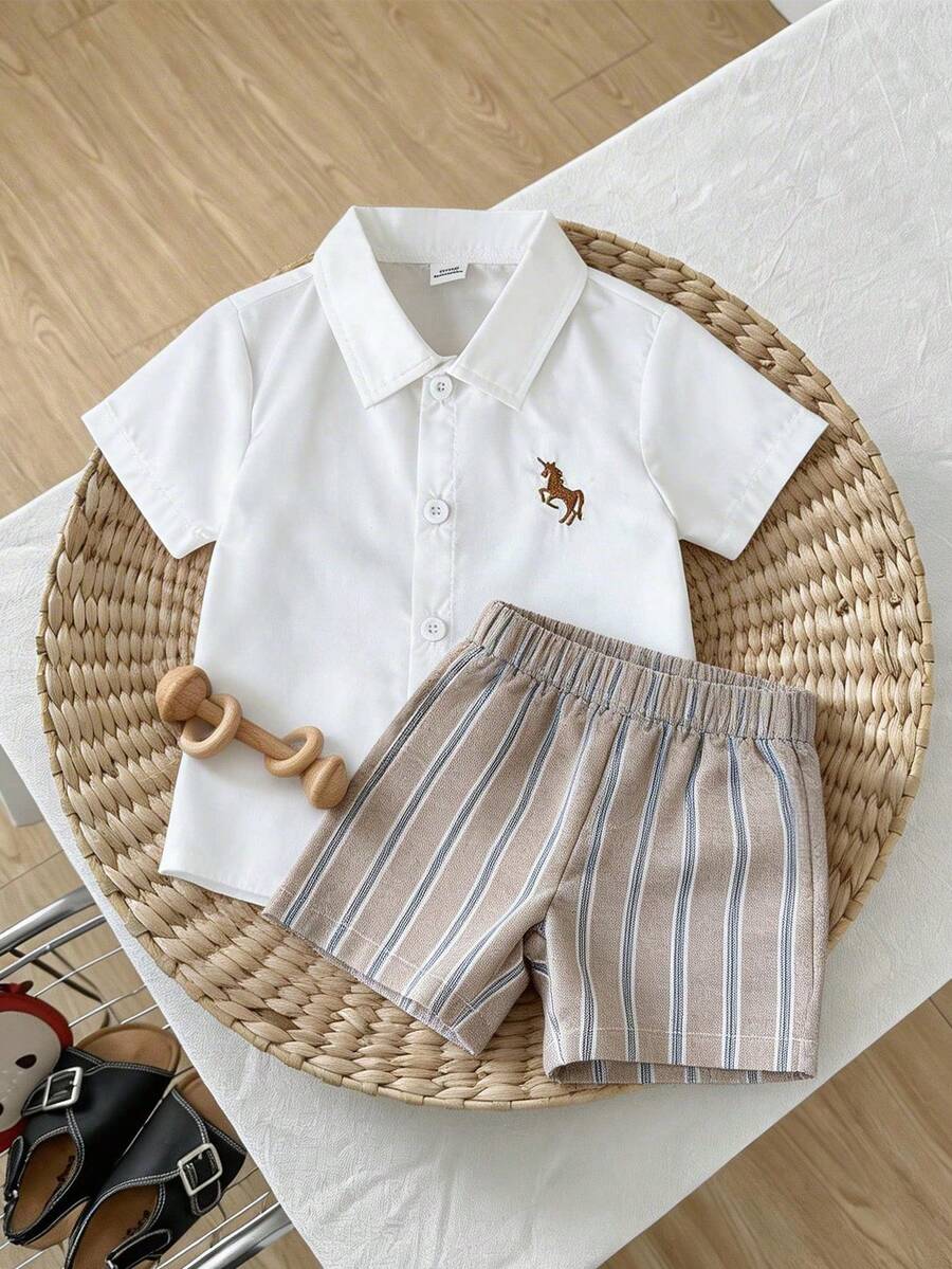 Playful Pals Baby Boy Spring/Summer Casual Outfit: Striped Collared Short Sleeve Shirt Paired With Fashionable Washed Denim Shorts Set - Khaki - View 1